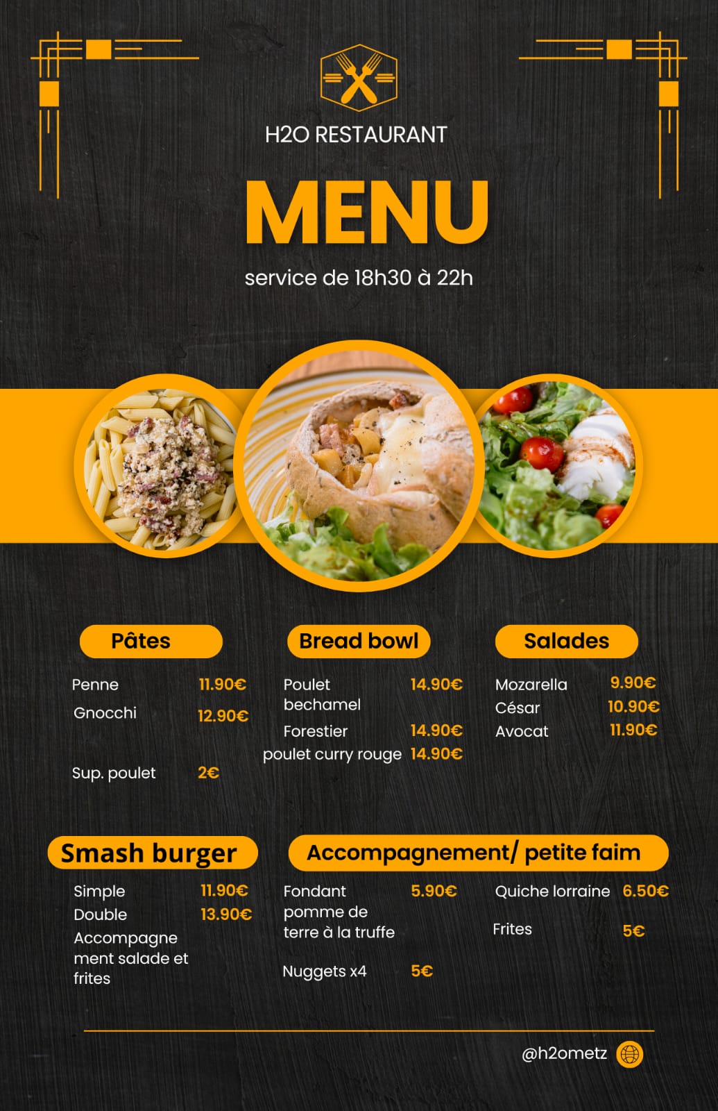 Menu du restaurant H2O Metz avec offres pasta, bread bowl et smash burger